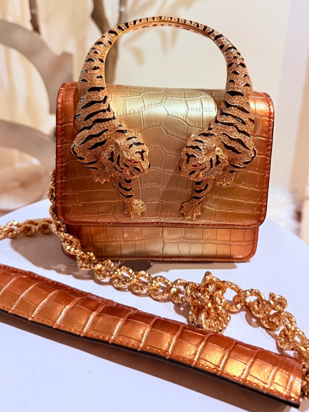 Rare Roberto Cavalli Metallic Roar Small Tiger Handle Leather Bag
